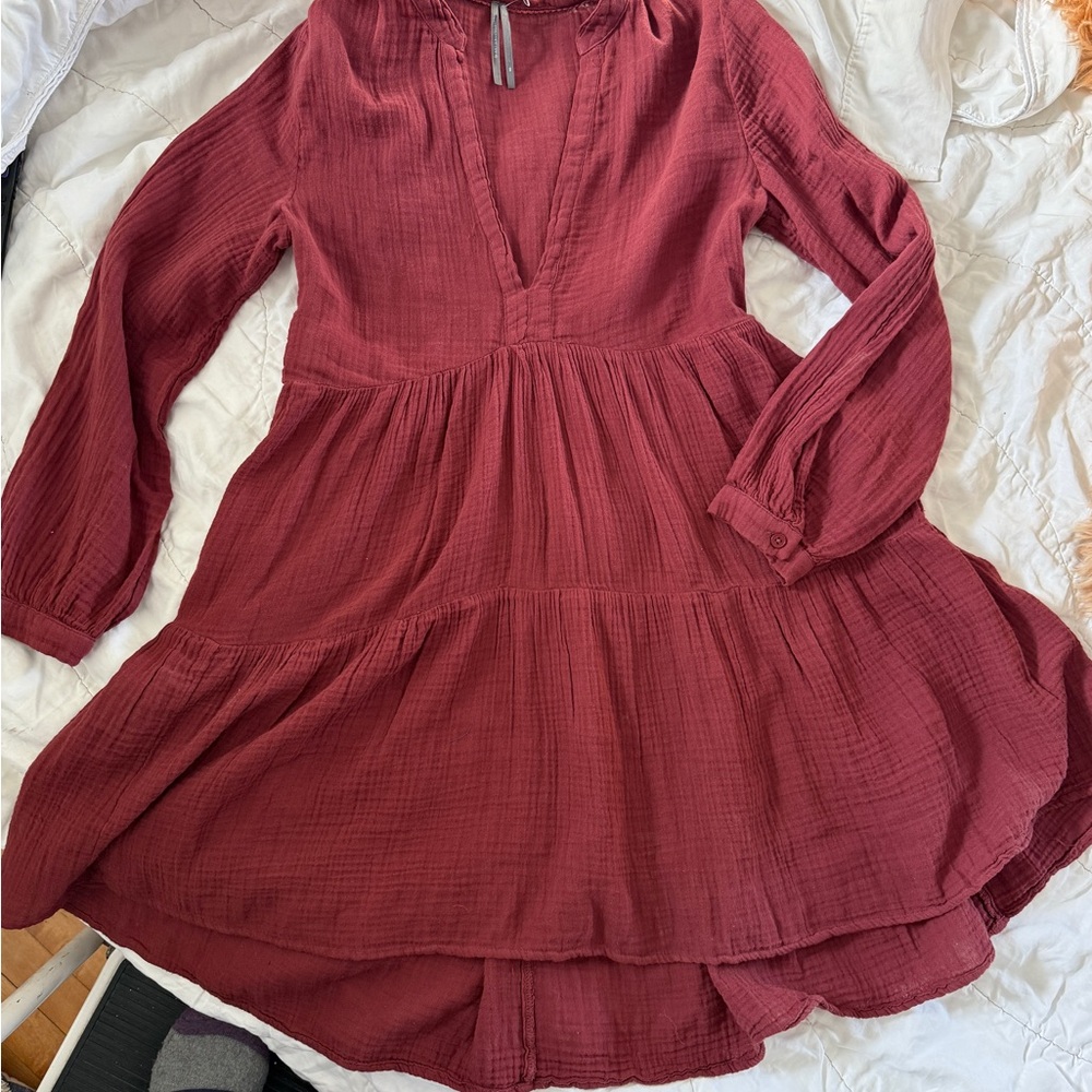 NWOT Anthropologie Burgundy Double Gauze Tiered Mini Dress XS Cotton